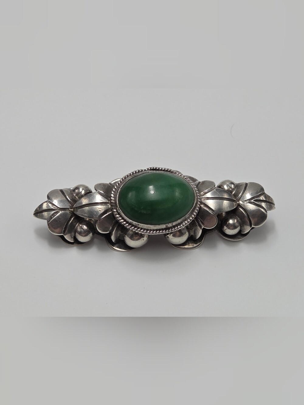Large Vintage 1940s Mexico Sterling Silver Green Calcite Brooch
